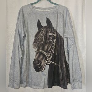 MISSLOOK Bluish Gret Long Sleeve Top with Black Horse Print